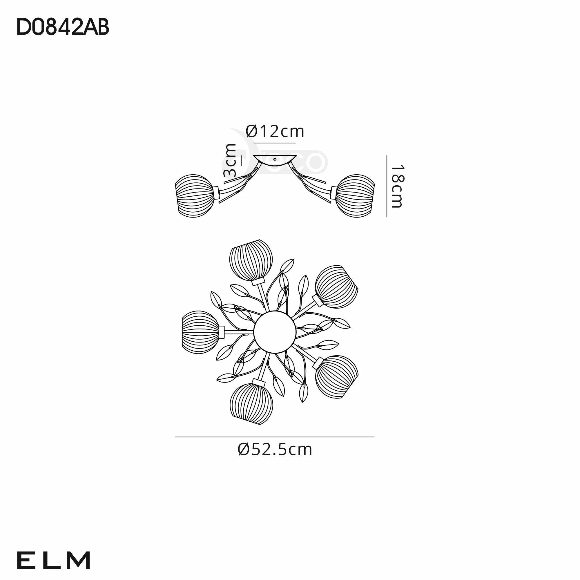 Deco - Elm 5 Light Semi Flush With Leaf Styled Stems and Ridged Style Clear Glass Shades - Luminosity Designs Ltd