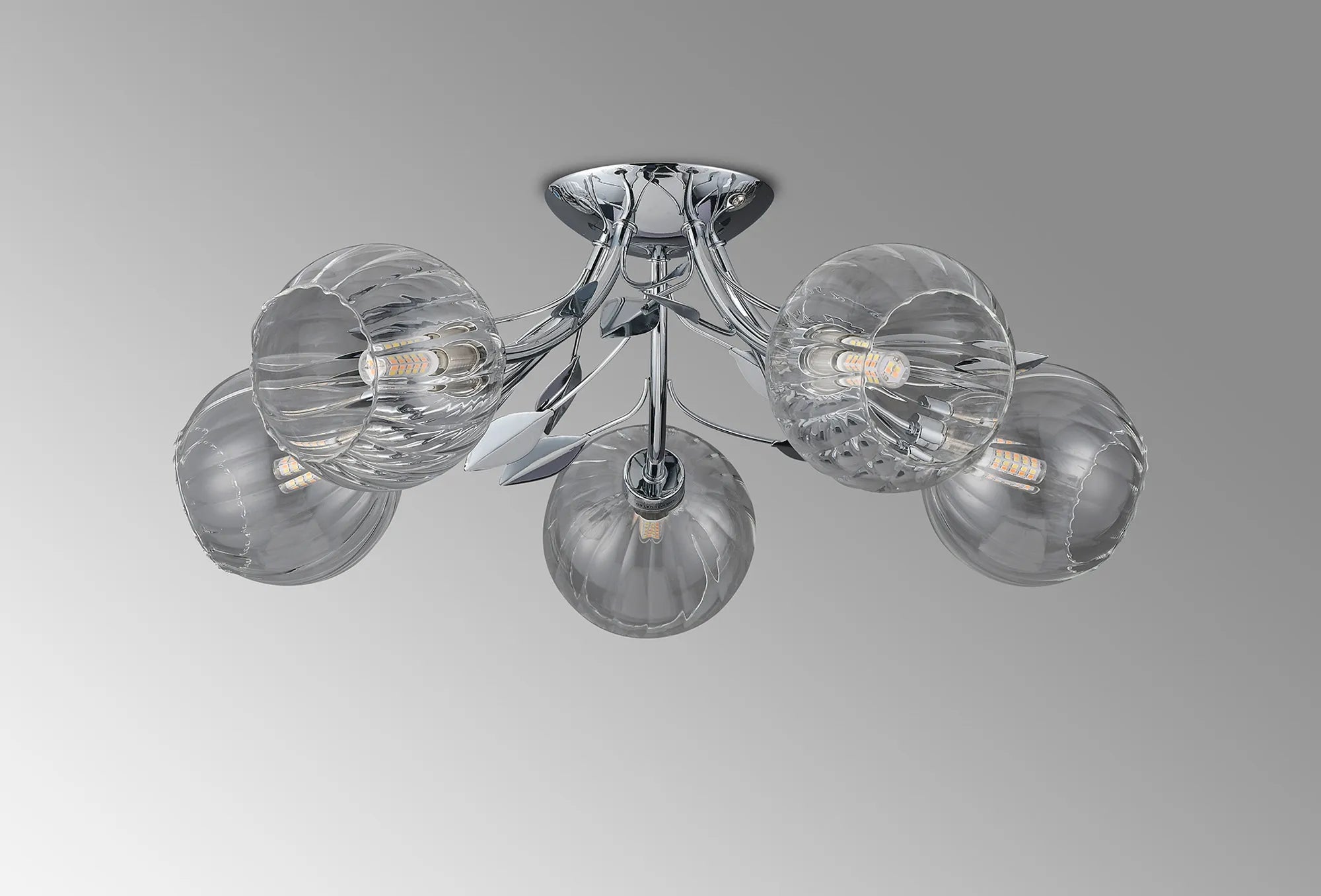 Deco - Elm 5 Light Semi Flush With Leaf Styled Stems and Ridged Style Clear Glass Shades - Luminosity Designs Ltd