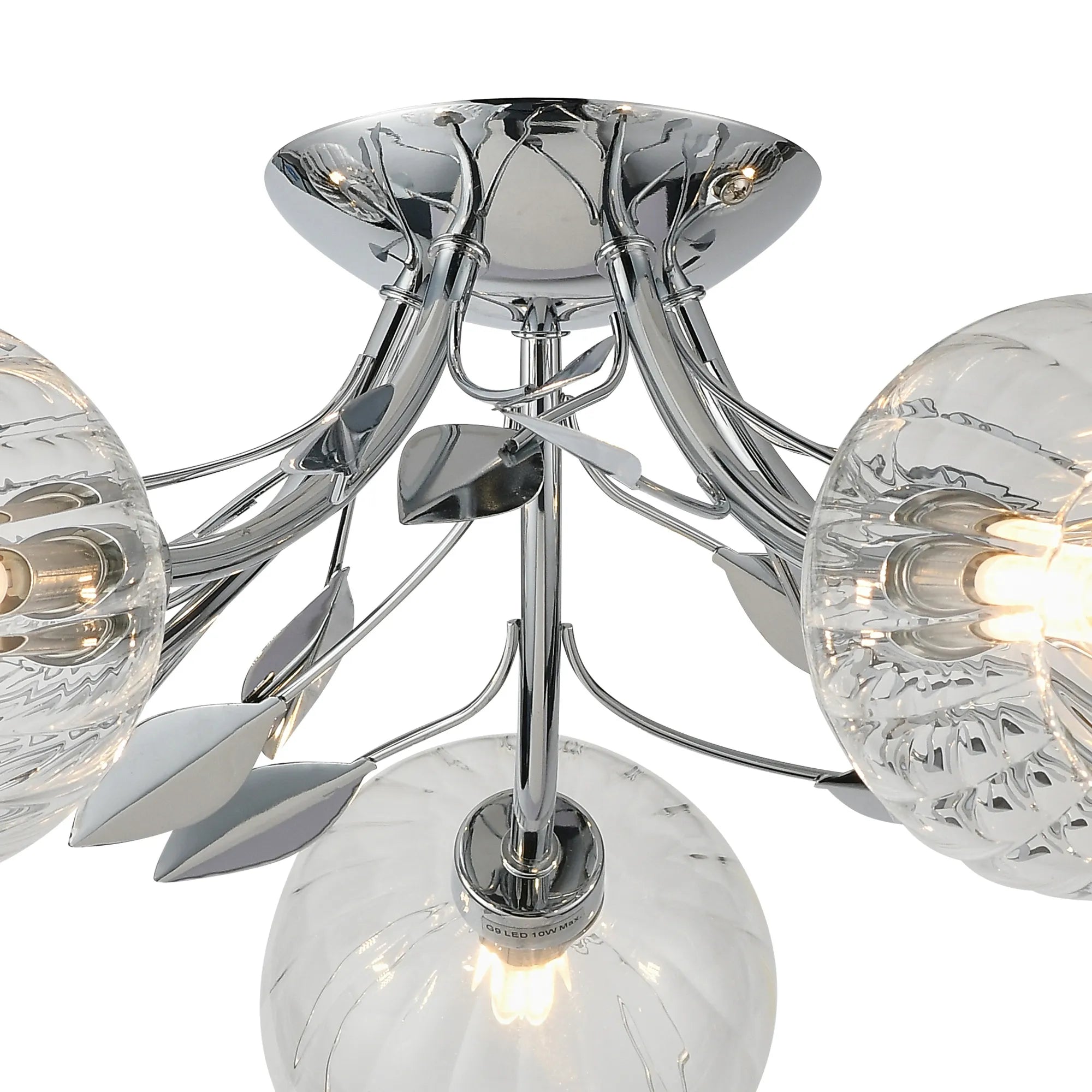 Deco - Elm 5 Light Semi Flush With Leaf Styled Stems and Ridged Style Clear Glass Shades - Luminosity Designs Ltd