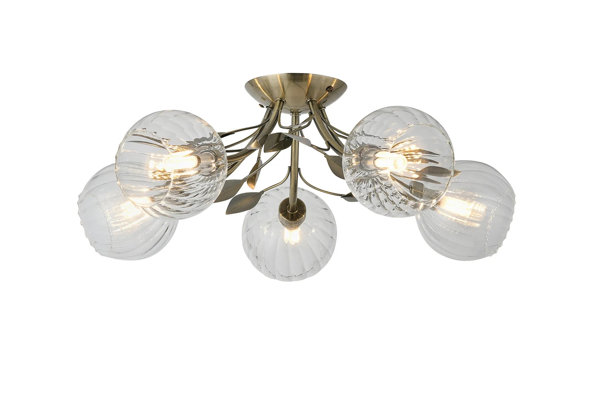 Deco - Elm 5 Light Semi Flush With Leaf Styled Stems and Ridged Style Clear Glass Shades - Luminosity Designs Ltd