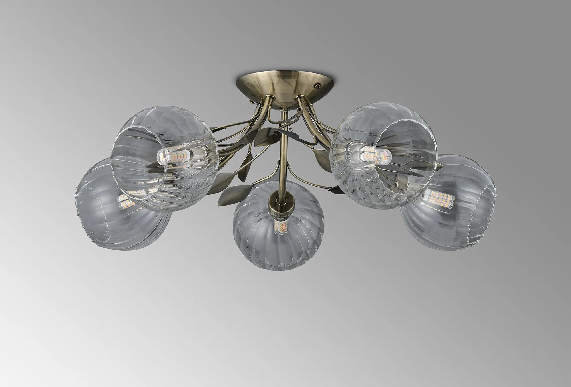 Deco - Elm 5 Light Semi Flush With Leaf Styled Stems and Ridged Style Clear Glass Shades - Luminosity Designs Ltd