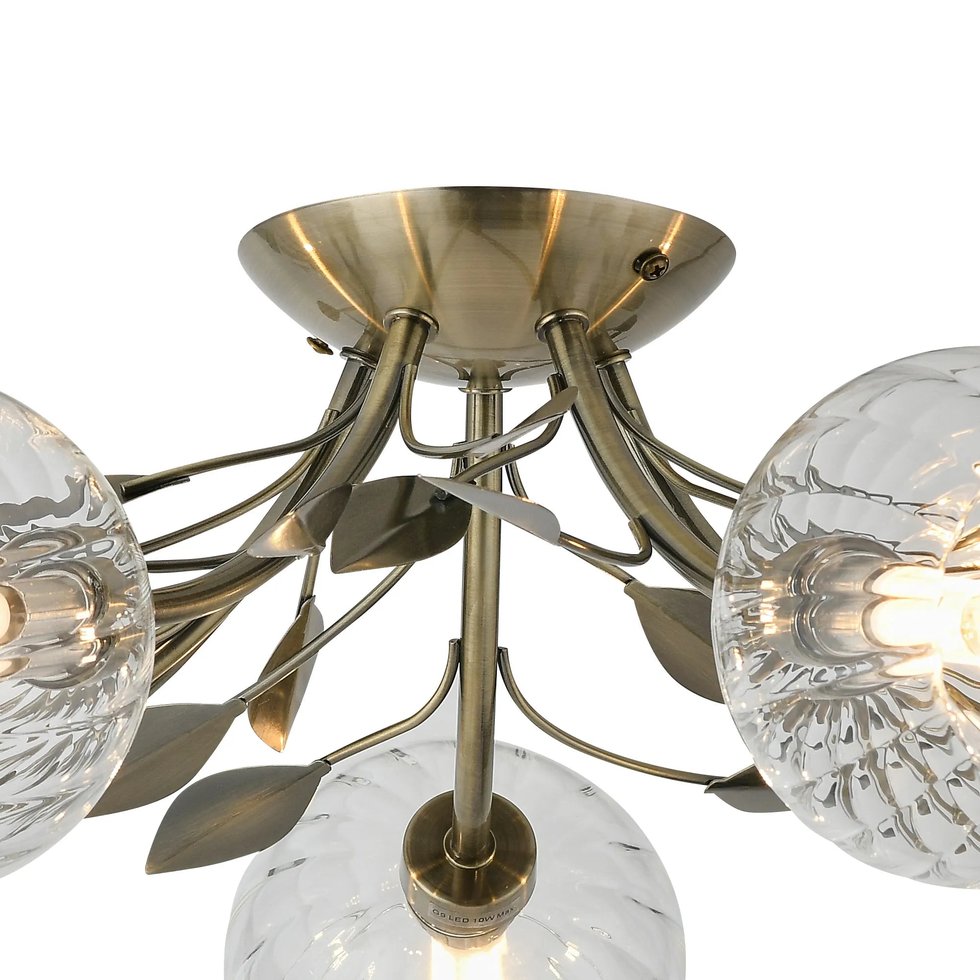 Deco - Elm 5 Light Semi Flush With Leaf Styled Stems and Ridged Style Clear Glass Shades - Luminosity Designs Ltd