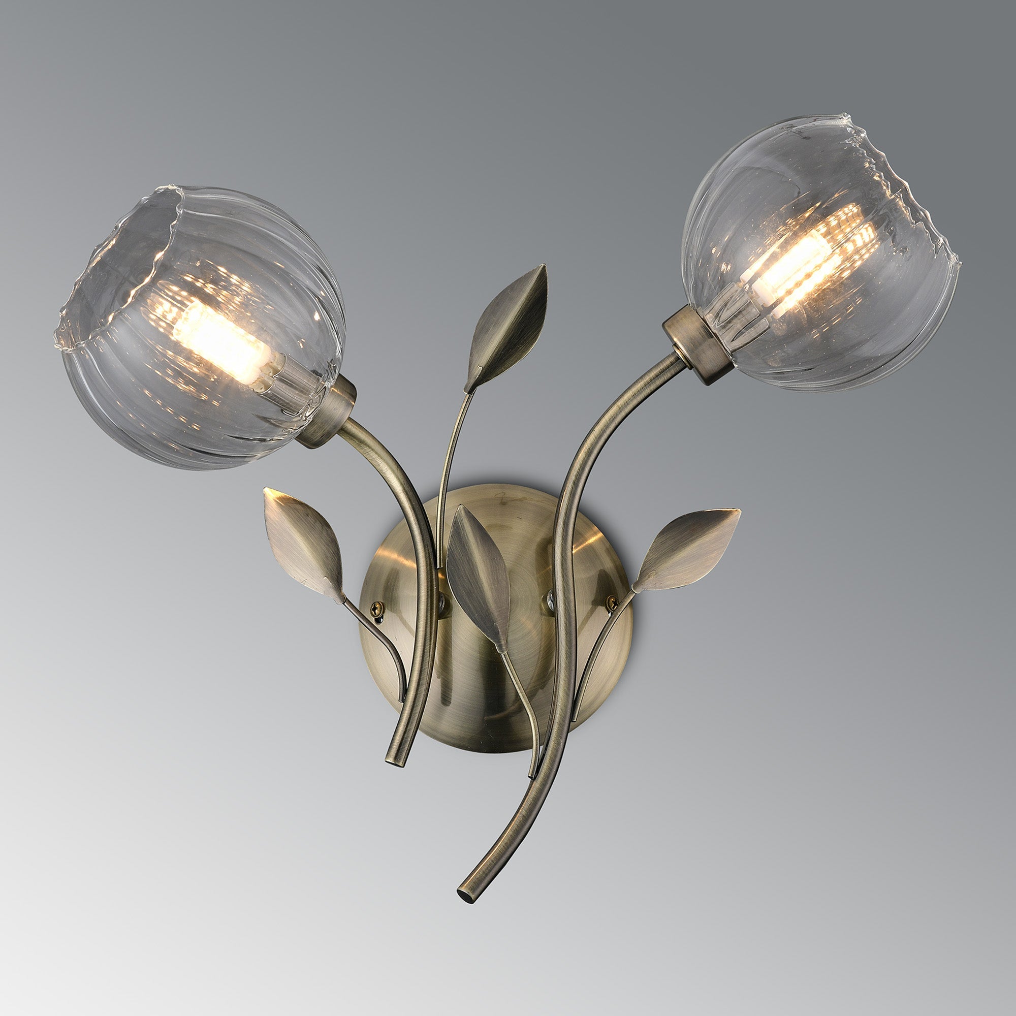 Deco - Elm Double Wall Light With Leaf Styled Stems and Ridged Style Clear Glass Shades - Luminosity Designs Ltd