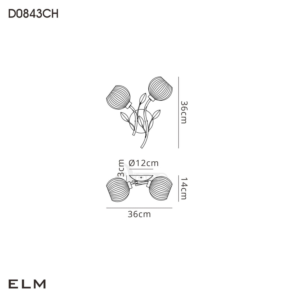 Deco - Elm Double Wall Light With Leaf Styled Stems and Ridged Style Clear Glass Shades - Luminosity Designs Ltd