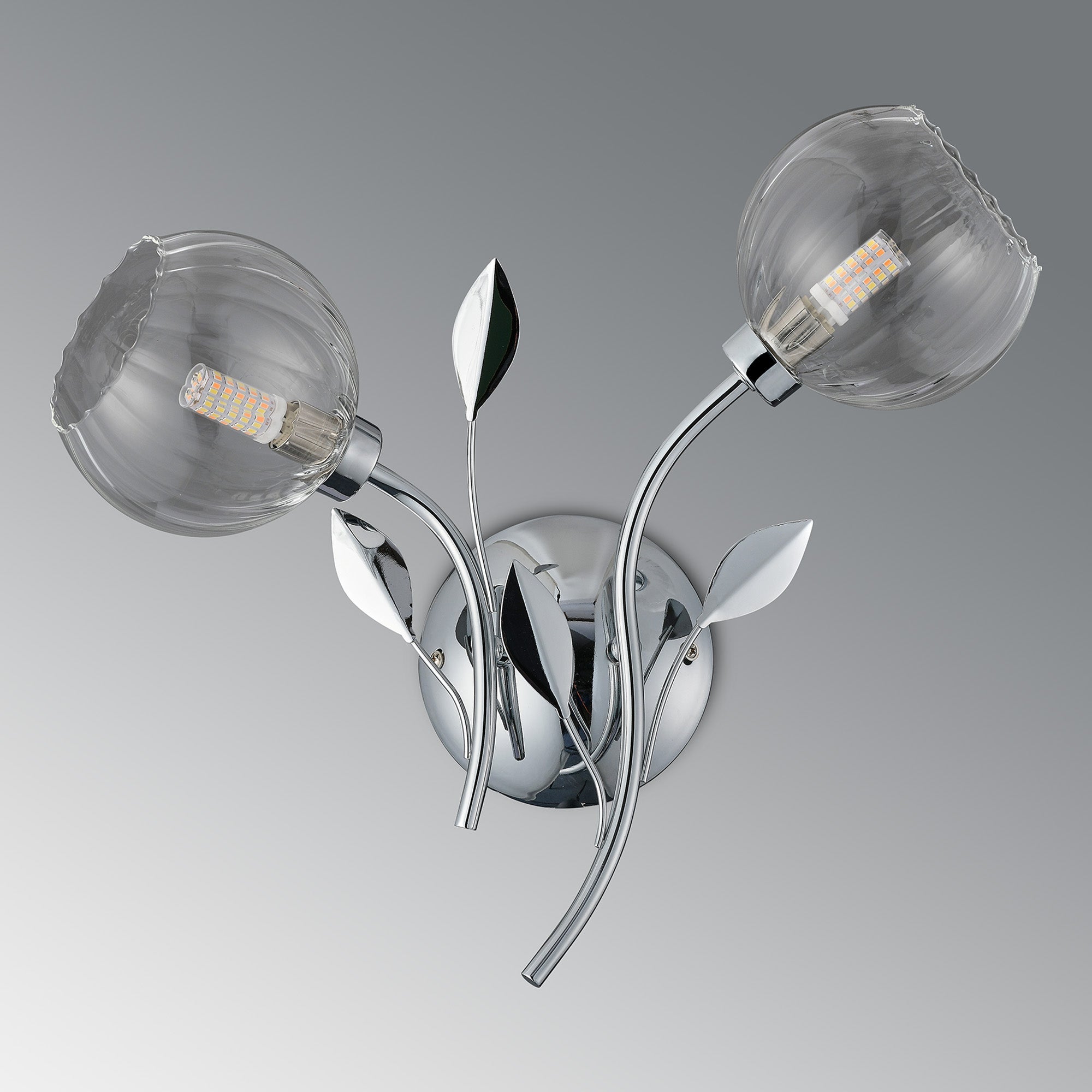 Deco - Elm Double Wall Light With Leaf Styled Stems and Ridged Style Clear Glass Shades - Luminosity Designs Ltd