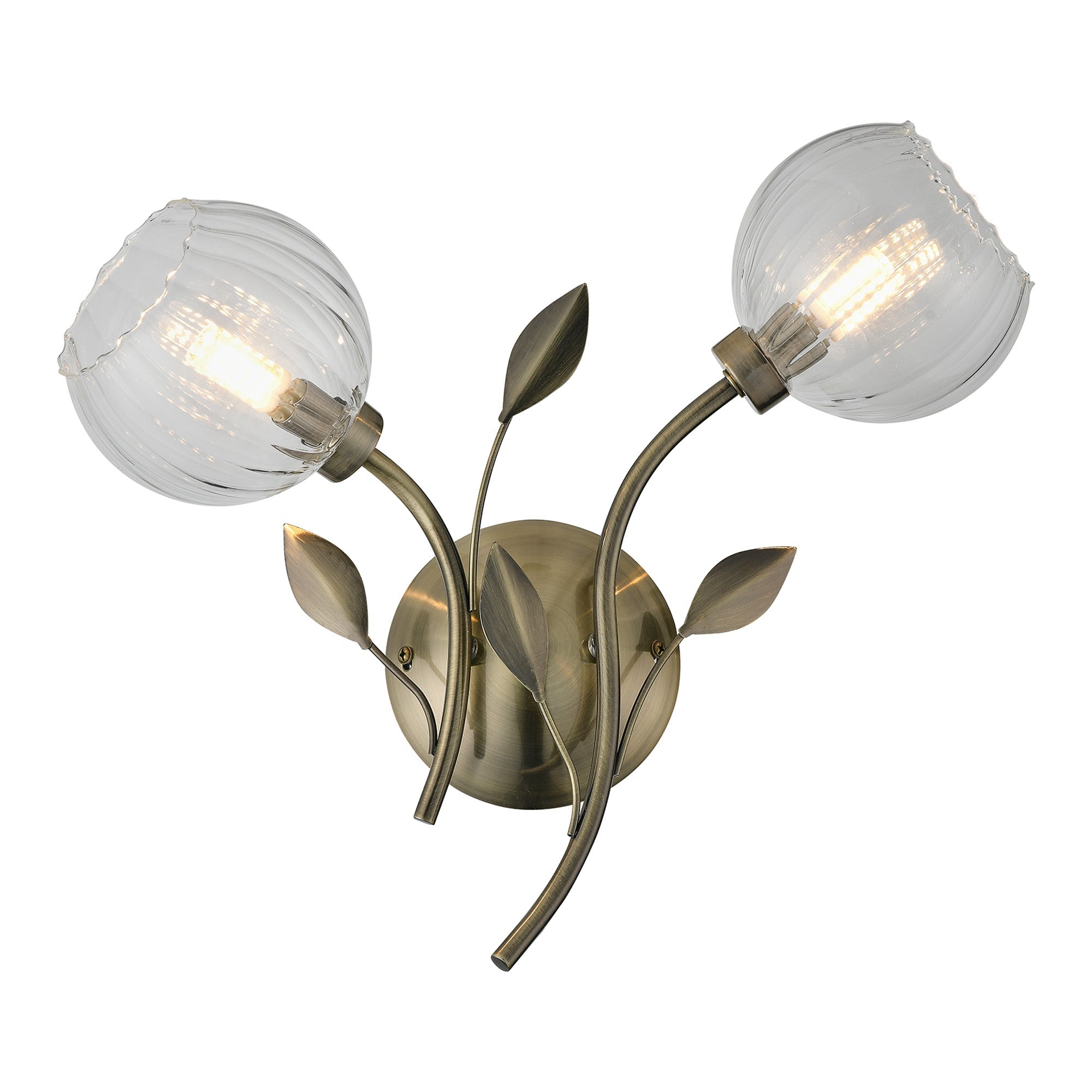 Deco - Elm Double Wall Light With Leaf Styled Stems and Ridged Style Clear Glass Shades - Luminosity Designs Ltd