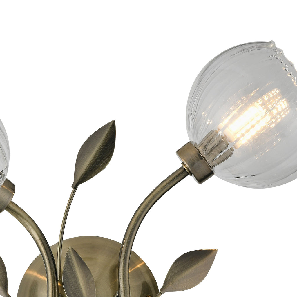 Deco - Elm Double Wall Light With Leaf Styled Stems and Ridged Style Clear Glass Shades - Luminosity Designs Ltd