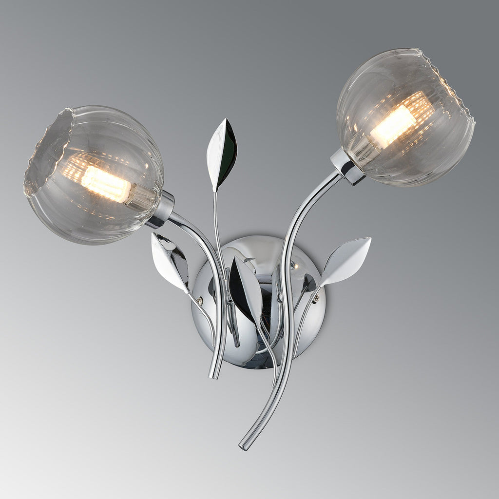 Deco - Elm Double Wall Light With Leaf Styled Stems and Ridged Style Clear Glass Shades - Luminosity Designs Ltd