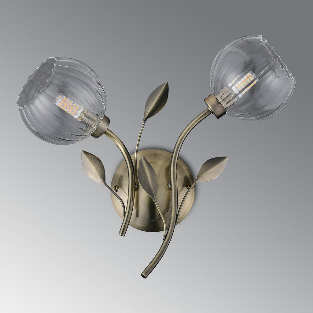 Deco - Elm Double Wall Light With Leaf Styled Stems and Ridged Style Clear Glass Shades - Luminosity Designs Ltd