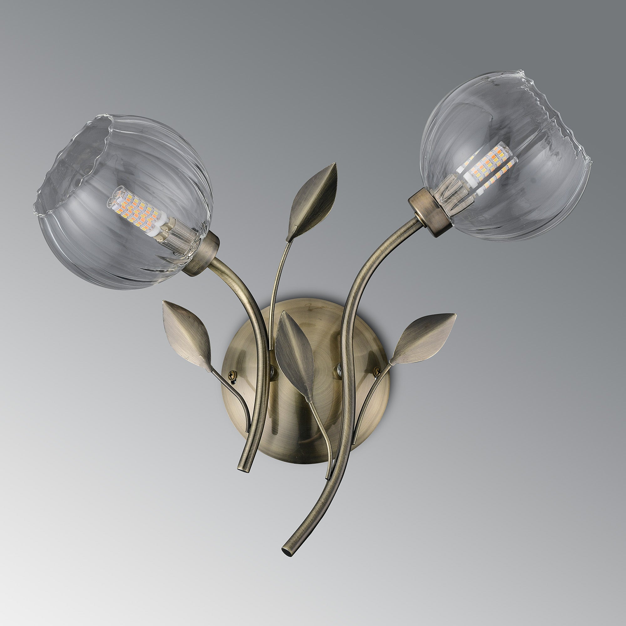 Deco - Elm Double Wall Light With Leaf Styled Stems and Ridged Style Clear Glass Shades - Luminosity Designs Ltd
