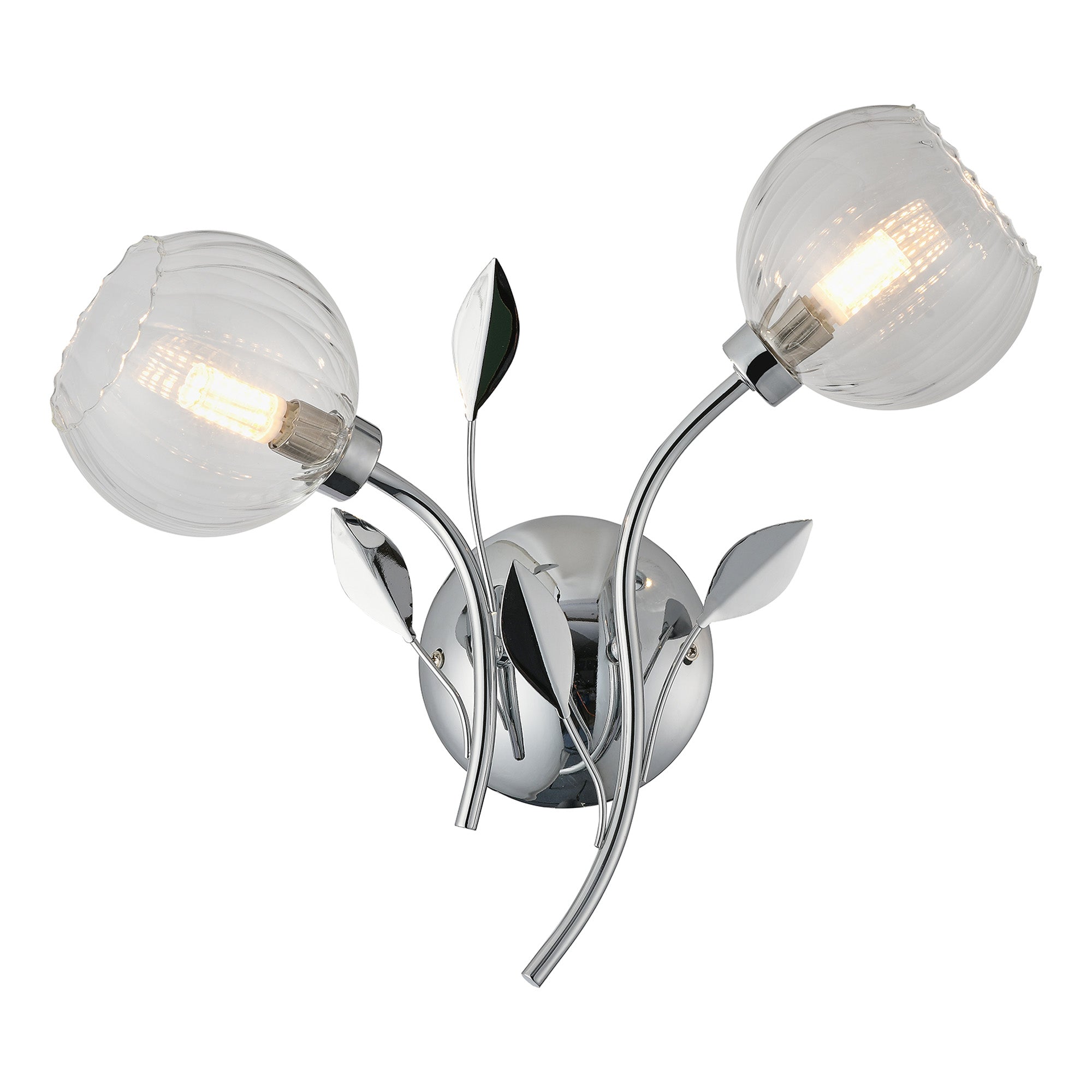 Deco - Elm Double Wall Light With Leaf Styled Stems and Ridged Style Clear Glass Shades - Luminosity Designs Ltd