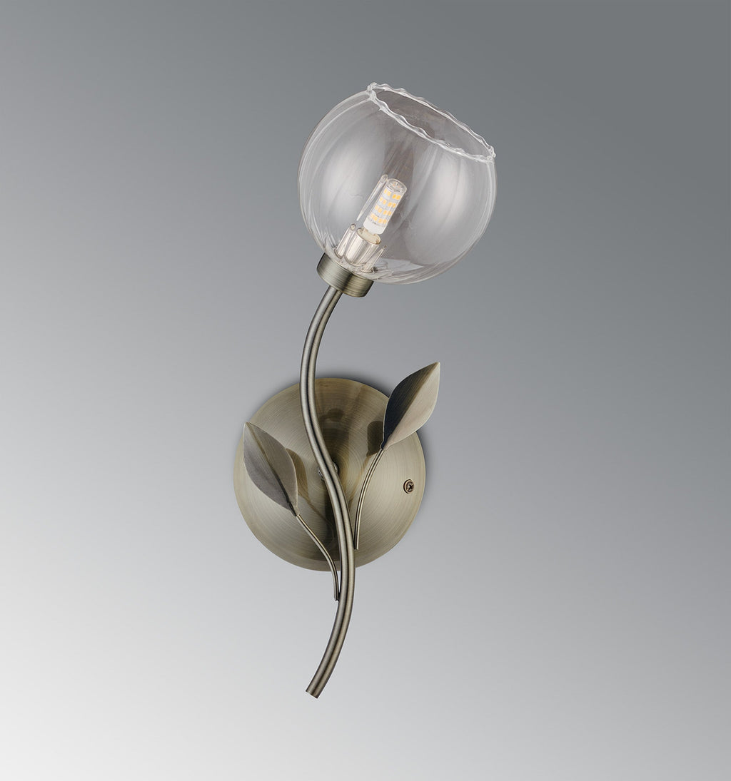 Deco - Elm Single Wall Light With Leaf Styled Stems and Ridged Style Clear Glass Shades - Luminosity Designs Ltd