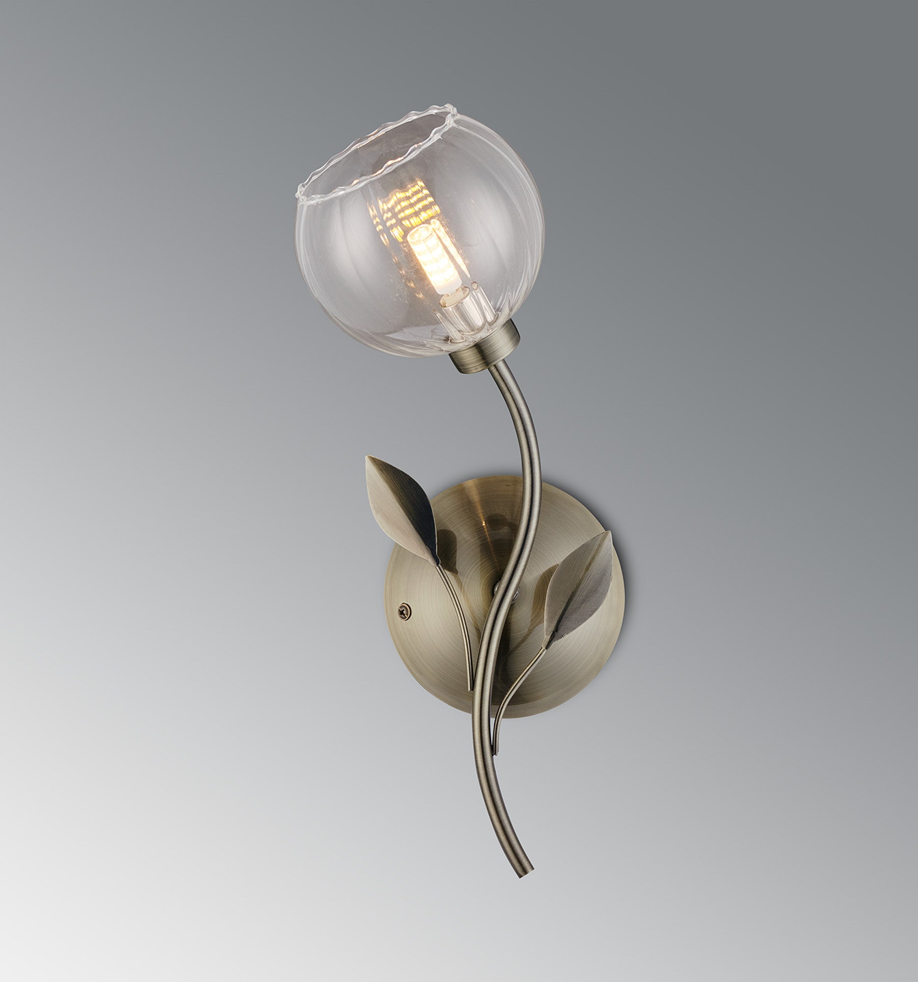 Deco - Elm Single Wall Light With Leaf Styled Stems and Ridged Style Clear Glass Shades - Luminosity Designs Ltd
