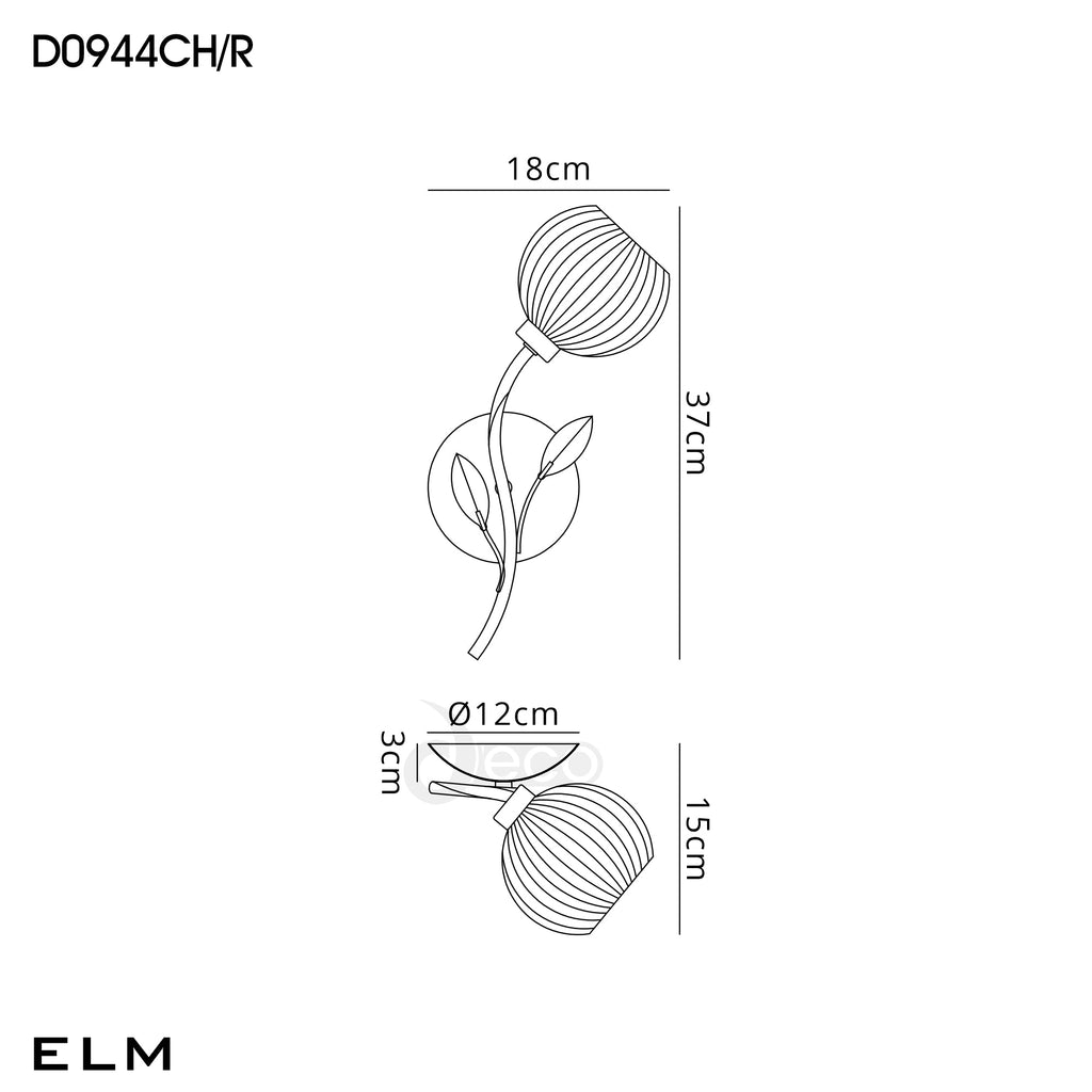 Deco - Elm Single Wall Light With Leaf Styled Stems and Ridged Style Clear Glass Shades - Luminosity Designs Ltd