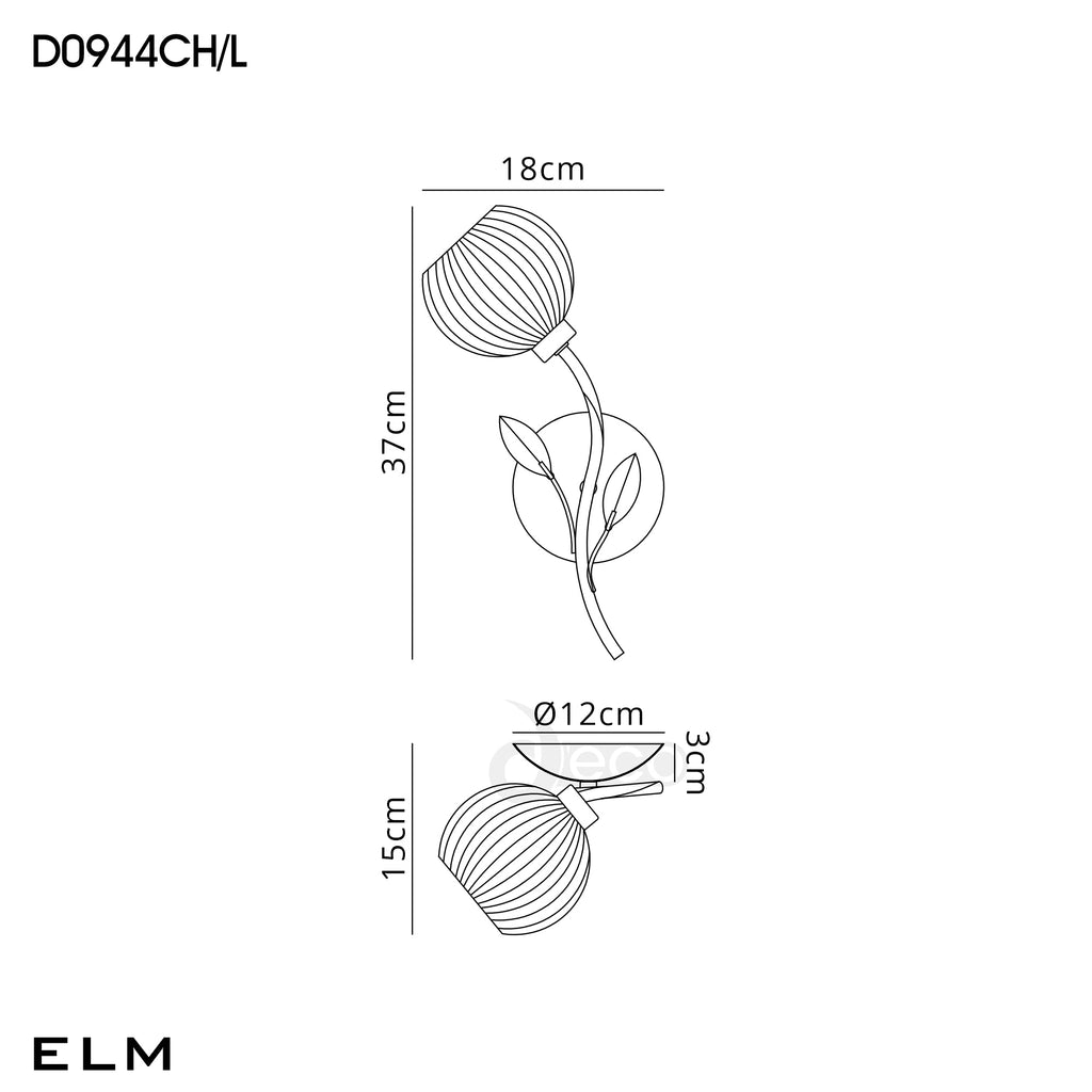 Deco - Elm Single Wall Light With Leaf Styled Stems and Ridged Style Clear Glass Shades - Luminosity Designs Ltd