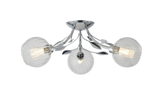 Elm 3 Light Semi Flush With Leaf Styled Stems and Ridged Style Clear Glass Shades