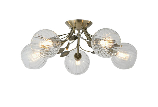 Elm 5 Light Semi Flush With Leaf Styled Stems and Ridged Style Clear Glass Shades