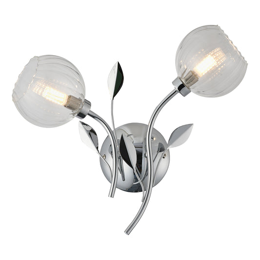 Elm Double Wall Light With Leaf Styled Stems and Ridged Style Clear Glass Shades