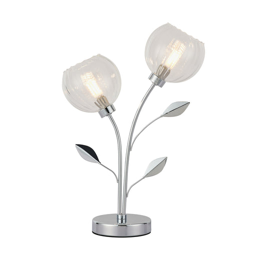 Elm 2 Light Table Lamp With Leaf Styled Stems and Ridged Style Clear Glass Shades