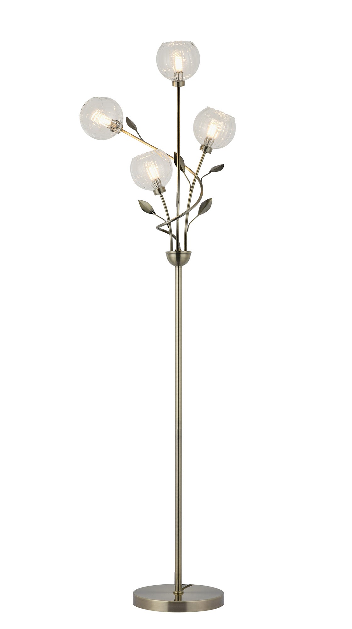 Elm Floor Lamp With Leaf Styled Stems and Ridged Style Clear Glass Shades