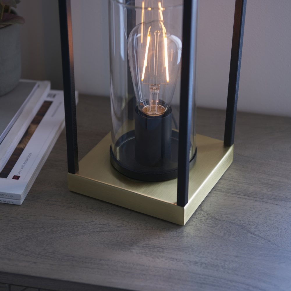 Endon - Endon Caleb Black & Brass Vintage Style Table Lamp with Glass Lantern Shade, 1x E27 (93035) - Luminosity Designs Ltd