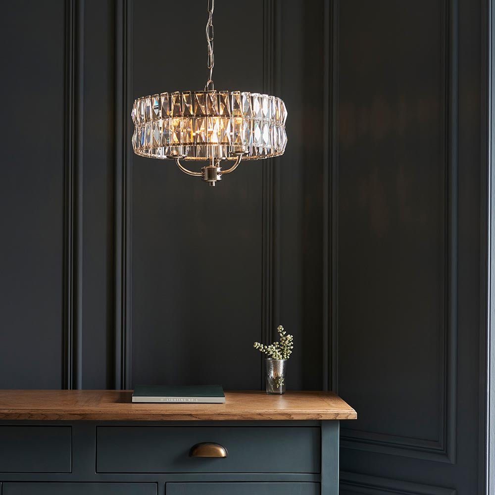 Luminosity Designs - Endon Clifton 3 Light Ceiling Light in Antique Brass or Chrome with Glass Panels (END/104466) - Luminosity Designs Ltd
