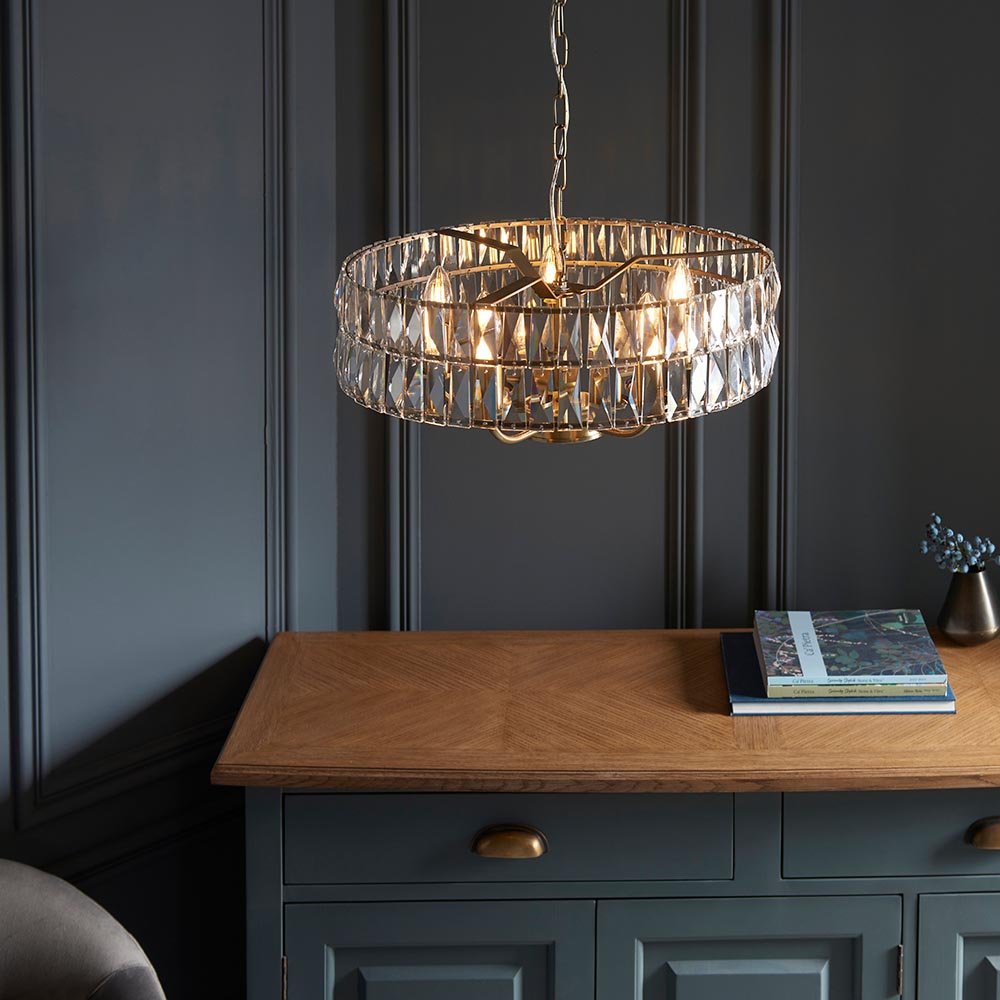 Luminosity Designs - Endon Clifton 5 Light Ceiling Light in Antique Brass or Chrome with Glass Panels (END/104467) - Luminosity Designs Ltd
