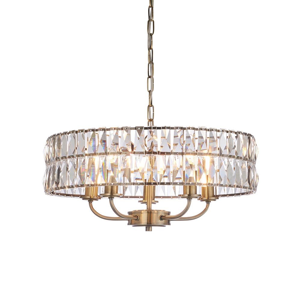 Luminosity Designs - Endon Clifton 5 Light Ceiling Light in Antique Brass or Chrome with Glass Panels (END/104467) - Luminosity Designs Ltd