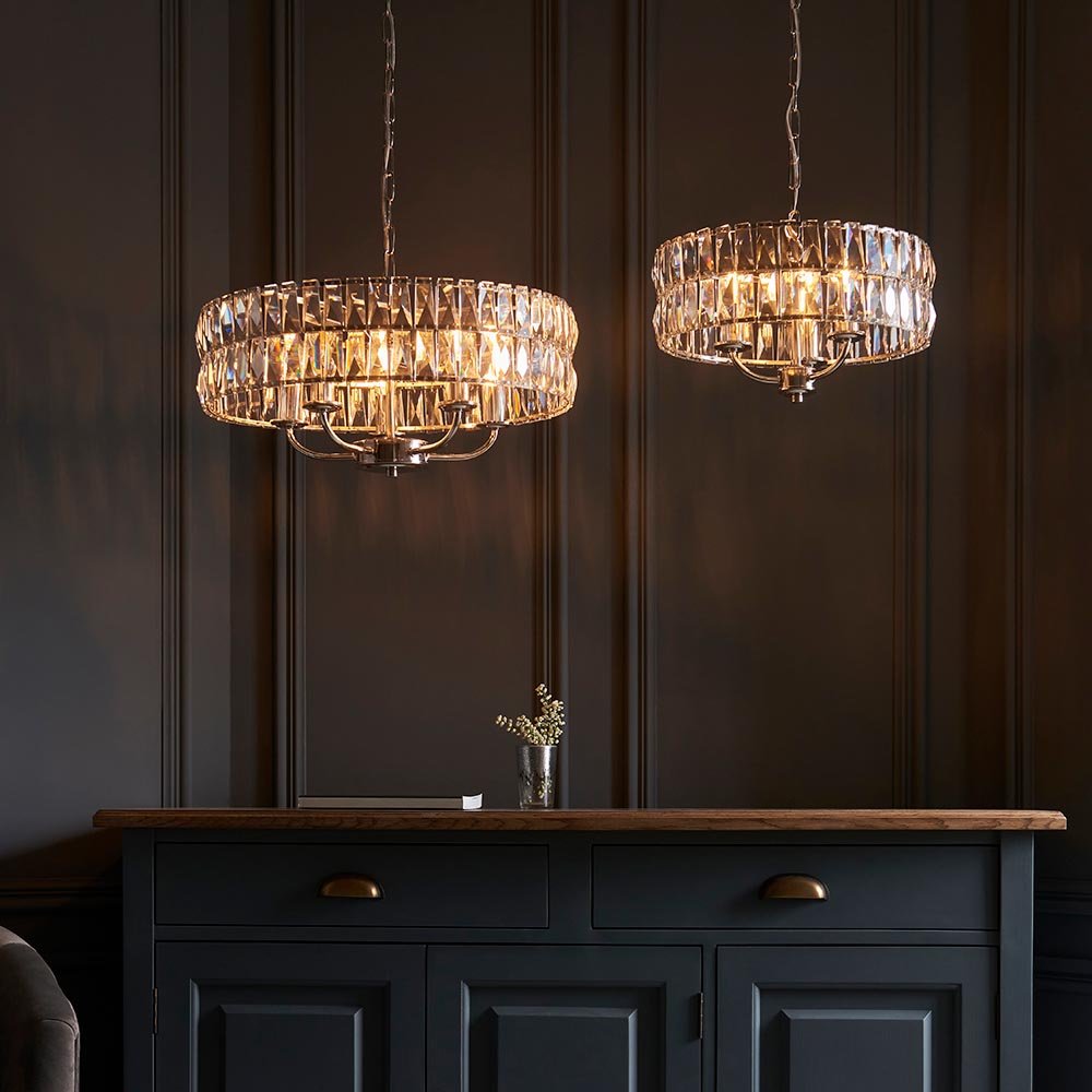 Luminosity Designs - Endon Clifton 5 Light Ceiling Light in Antique Brass or Chrome with Glass Panels (END/104467) - Luminosity Designs Ltd