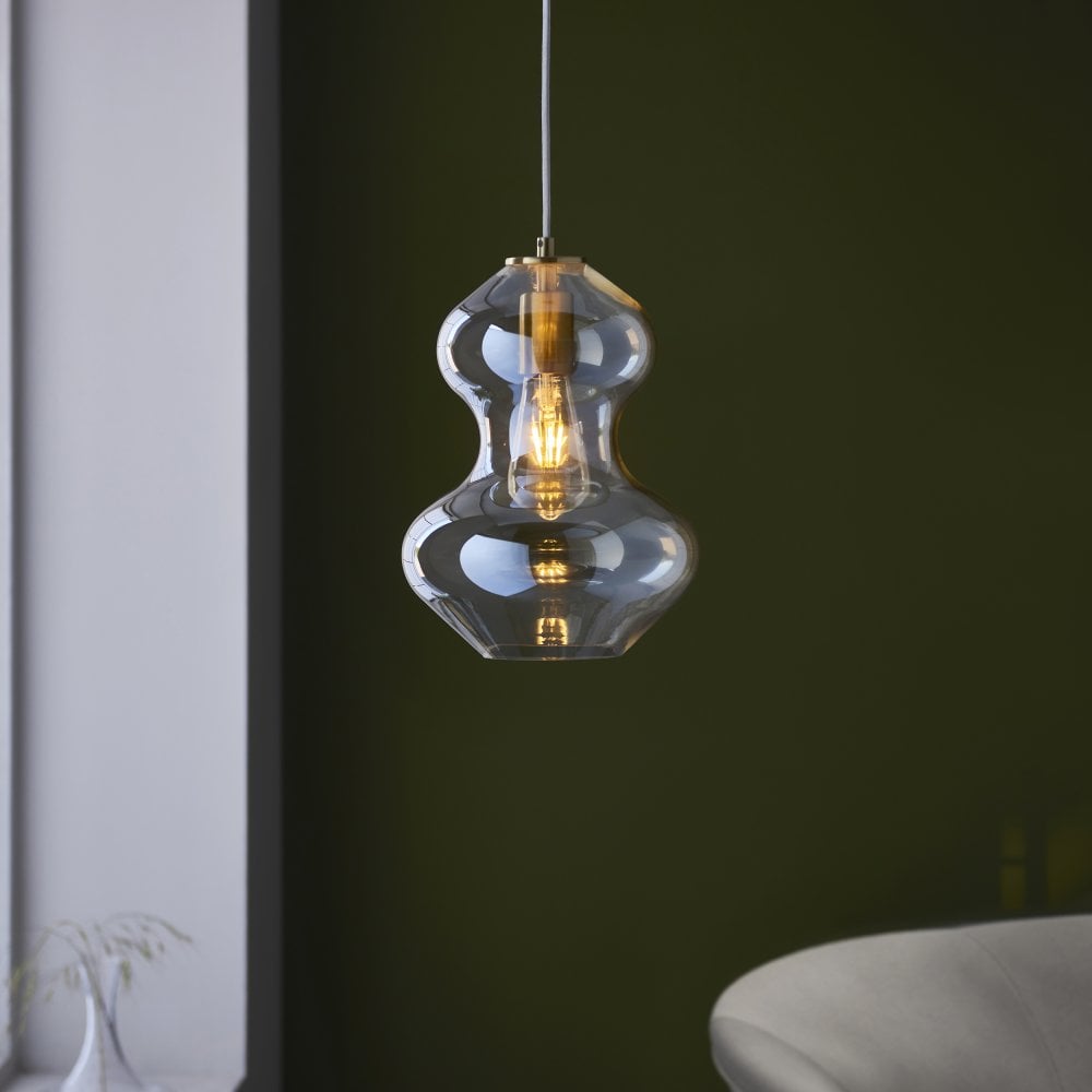 Endon Lighting Kelda Violin Shaped Pendant Light Satin Brass Frame with Champagne Glass (106681 ) - Luminosity Designs Ltd