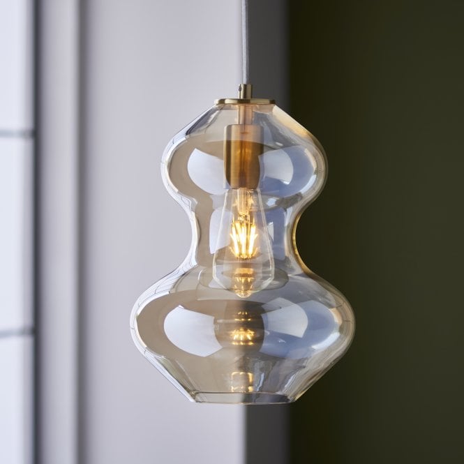 Endon Lighting Kelda Violin Shaped Pendant Light Satin Brass Frame with Champagne Glass (106681 ) - Luminosity Designs Ltd