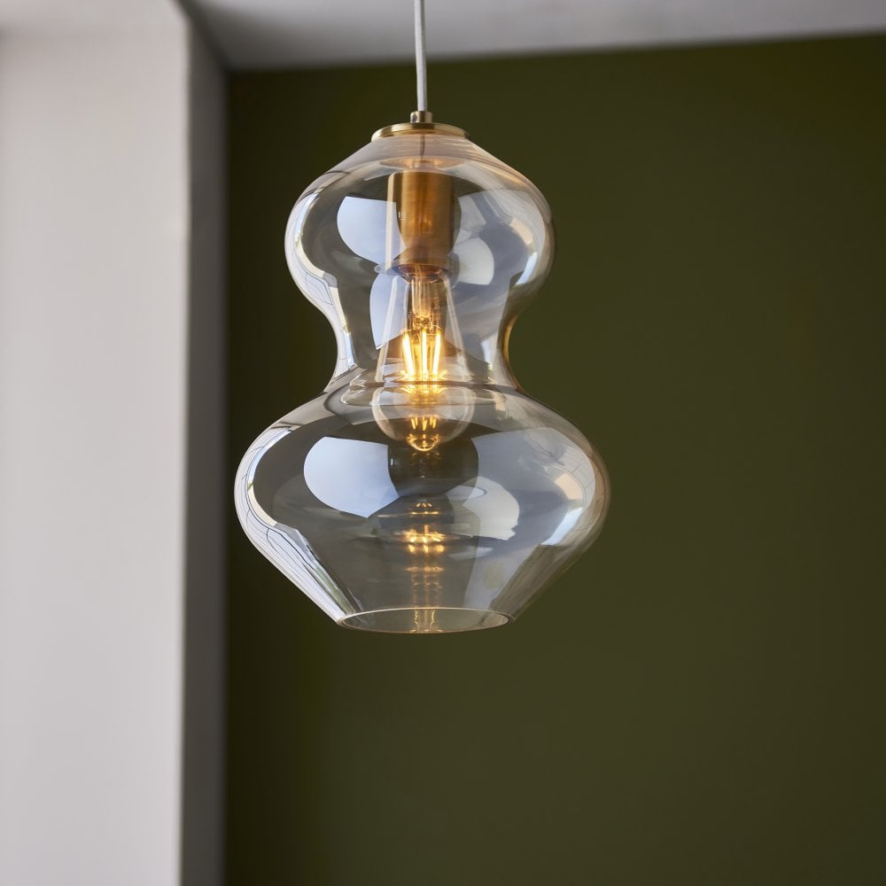 Endon Lighting Kelda Violin Shaped Pendant Light Satin Brass Frame with Champagne Glass (106681 ) - Luminosity Designs Ltd