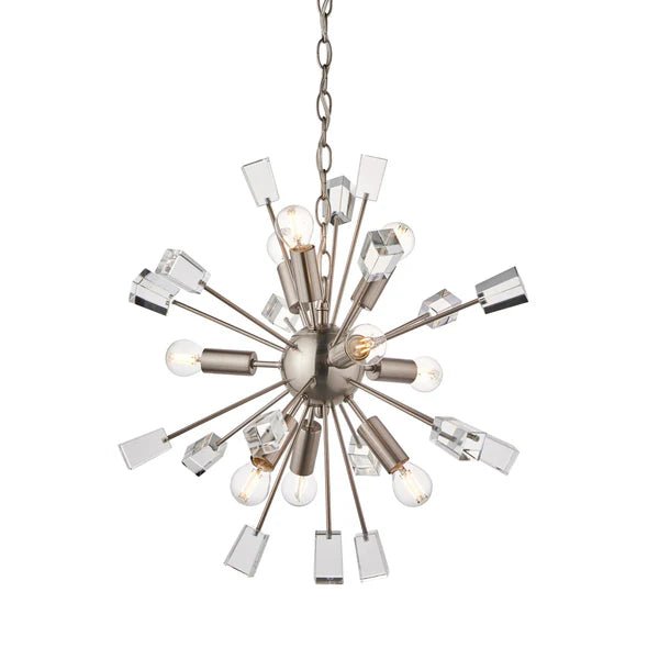 Endon Miro Satin Nickel Sputnik, 9 Light E14, Semi Flush, Brushed Finish with Glass Finials (81917) - Luminosity Designs Ltd
