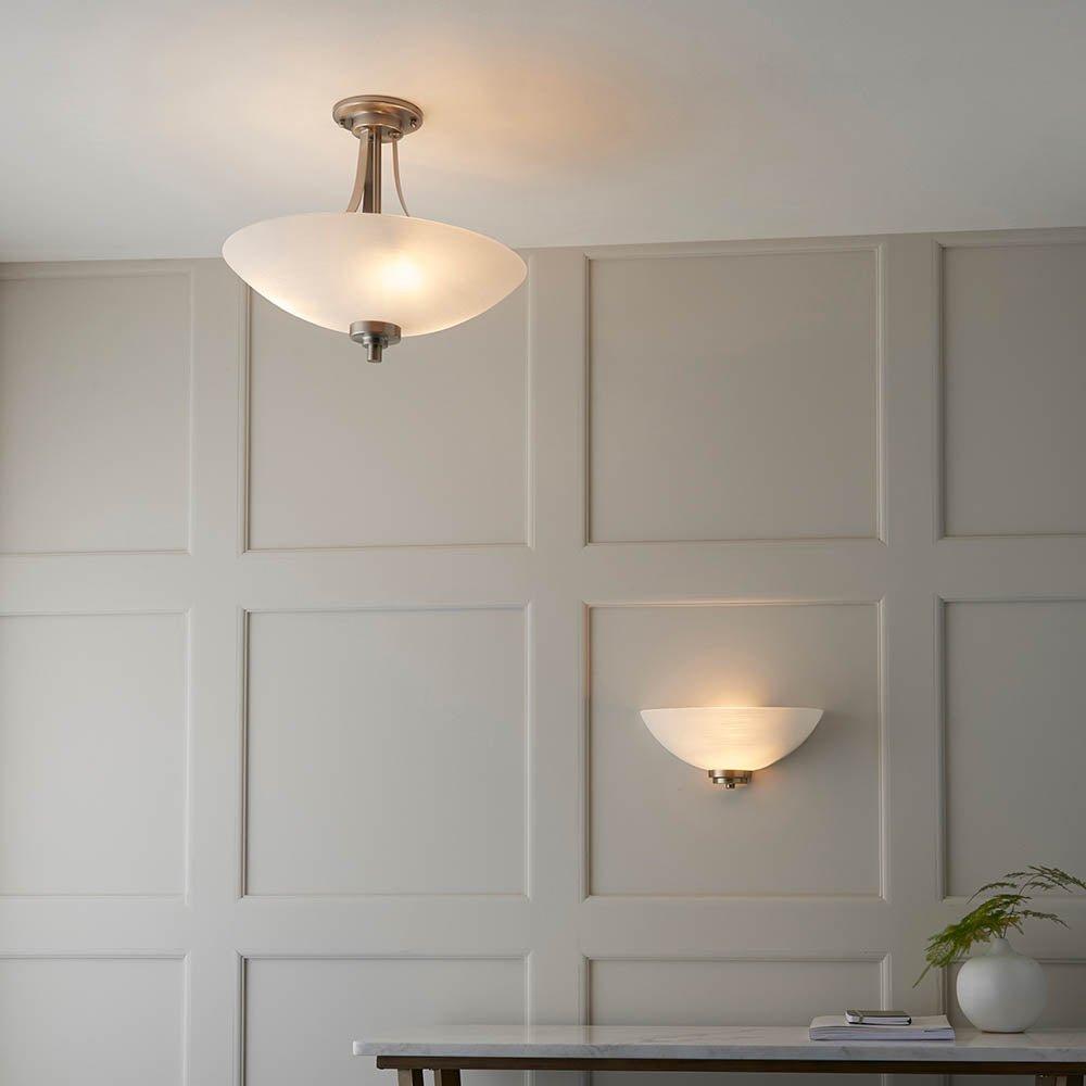 Endon Welles Brushed Metal With Frosted White Glass Uplighter Semi Flush Ceiling Light - Luminosity Designs Ltd