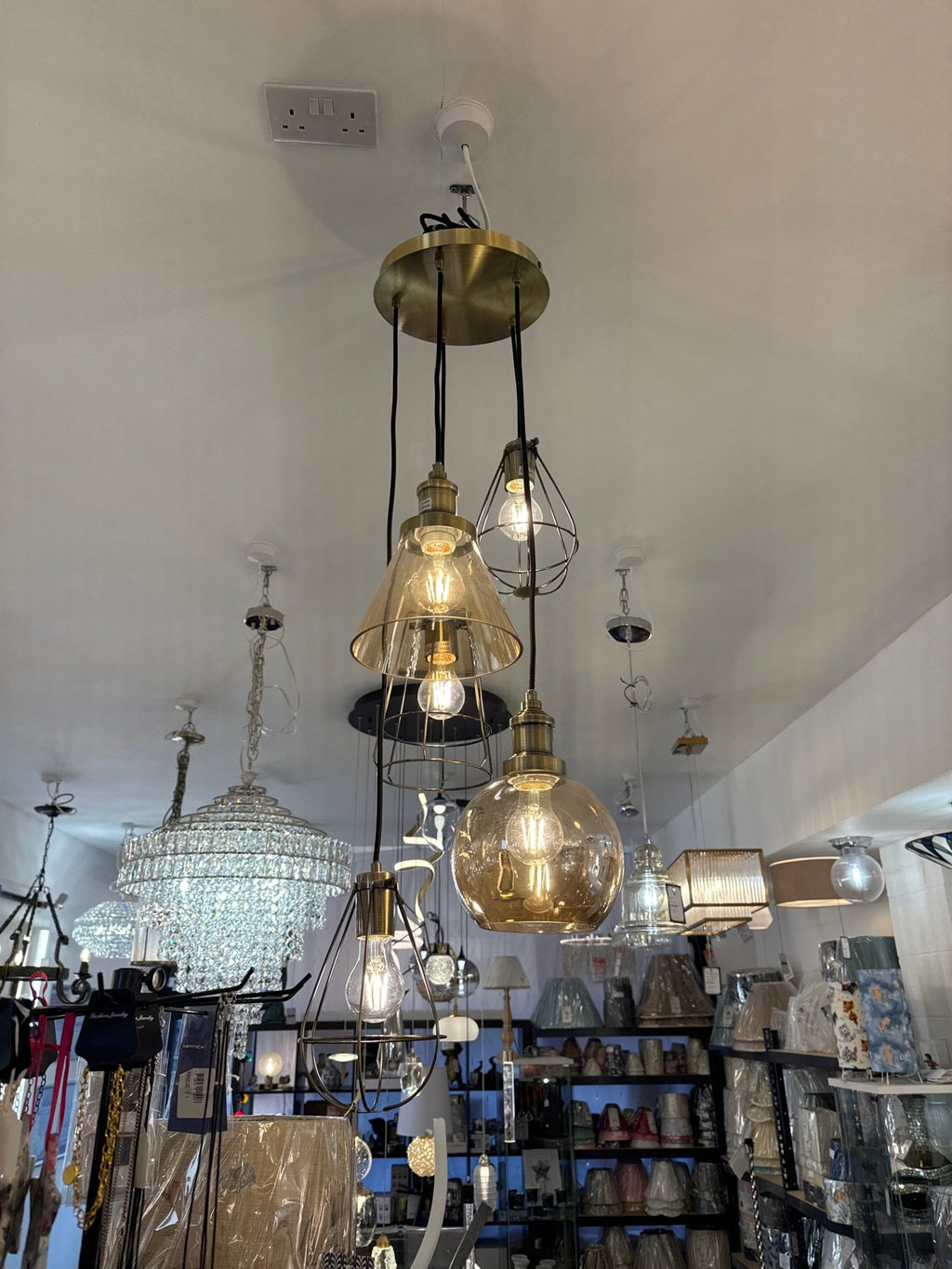 Oaks Lighting - EX DISPLAY Haldor 6 Light Steampunk Style Multi Pendant in Antique Brass with Amber Glass, 6 x E27 - Luminosity Designs Ltd