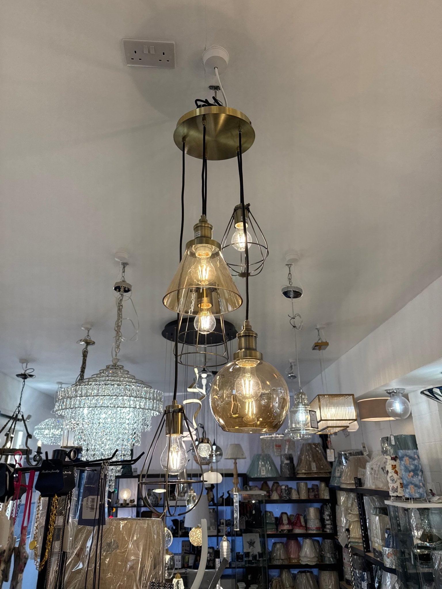 Oaks Lighting - EX DISPLAY Haldor 6 Light Steampunk Style Multi Pendant in Antique Brass with Amber Glass, 6 x E27 - Luminosity Designs Ltd