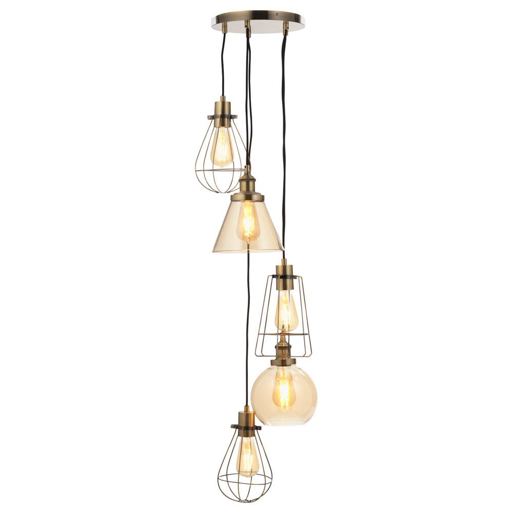 Oaks Lighting - EX DISPLAY Haldor 6 Light Steampunk Style Multi Pendant in Antique Brass with Amber Glass, 6 x E27 - Luminosity Designs Ltd
