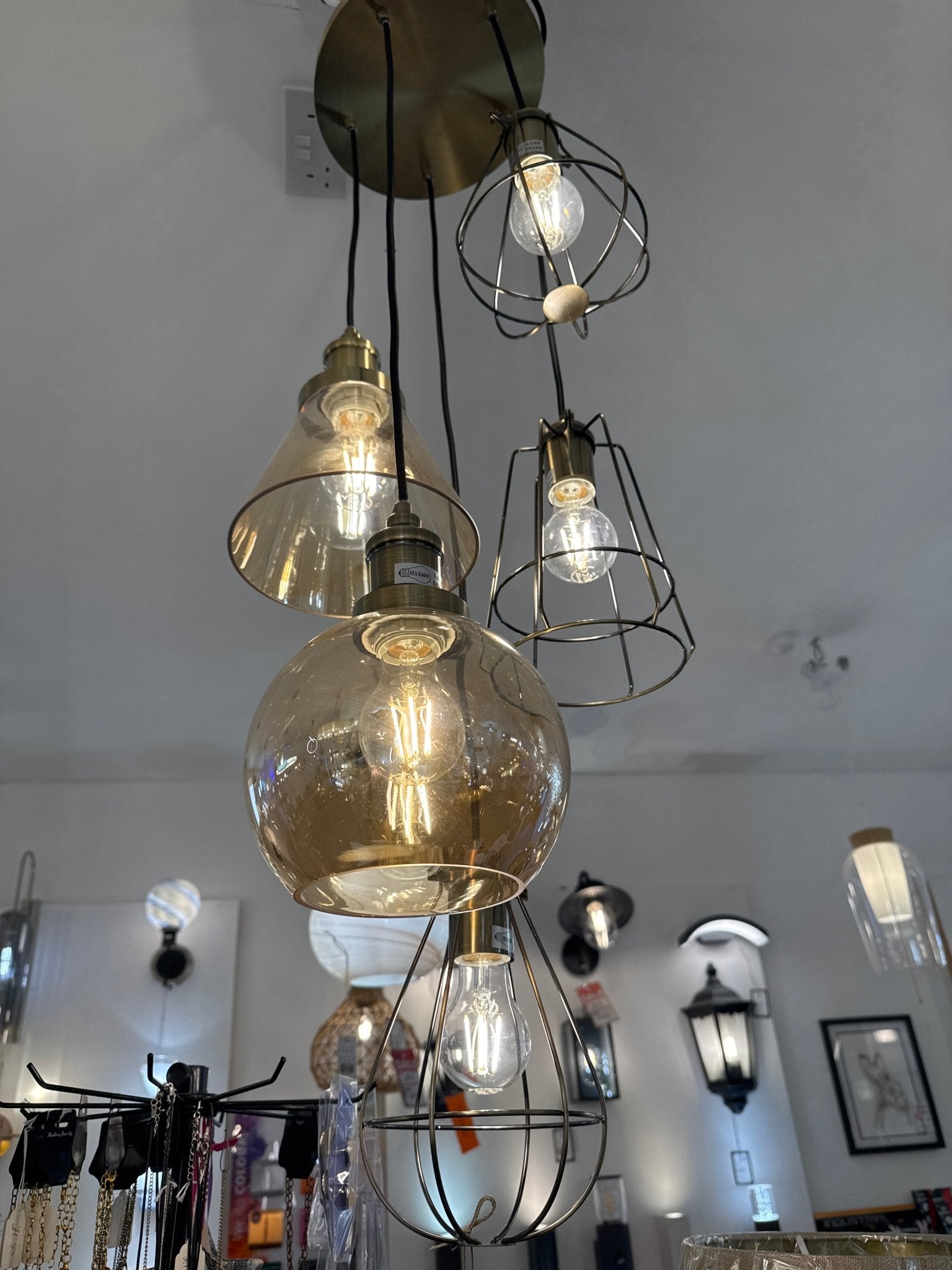 Oaks Lighting - EX DISPLAY Haldor 6 Light Steampunk Style Multi Pendant in Antique Brass with Amber Glass, 6 x E27 - Luminosity Designs Ltd