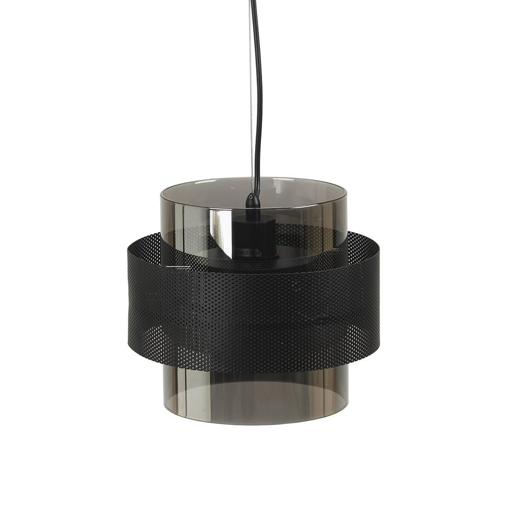Oaks Lighting - EX DISPLAY Hasden Large Chrome Glass Drum Pendant With Black Mesh Detailing, 1x E27 - Luminosity Designs Ltd