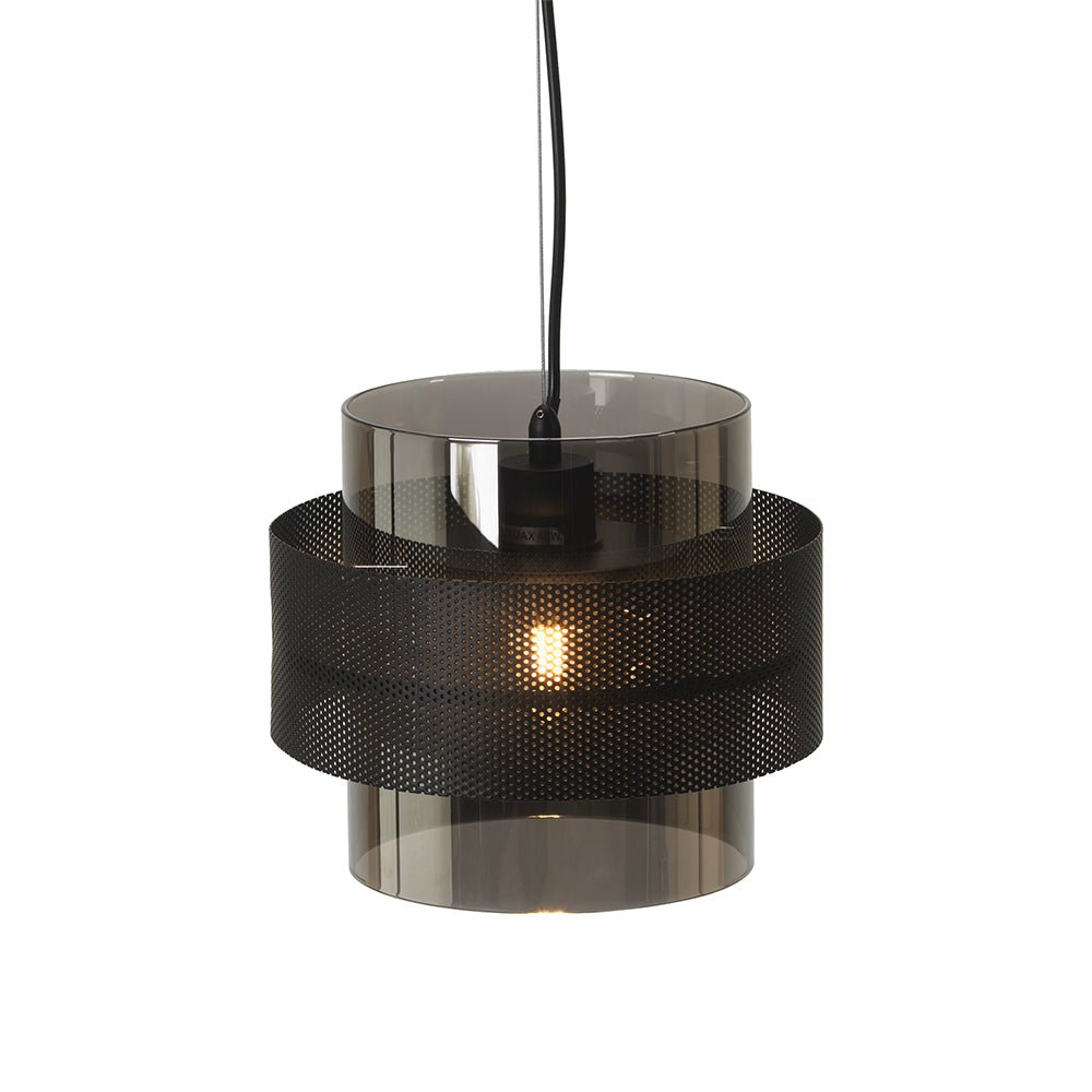 Oaks Lighting - EX DISPLAY Hasden Large Chrome Glass Drum Pendant With Black Mesh Detailing, 1x E27 - Luminosity Designs Ltd