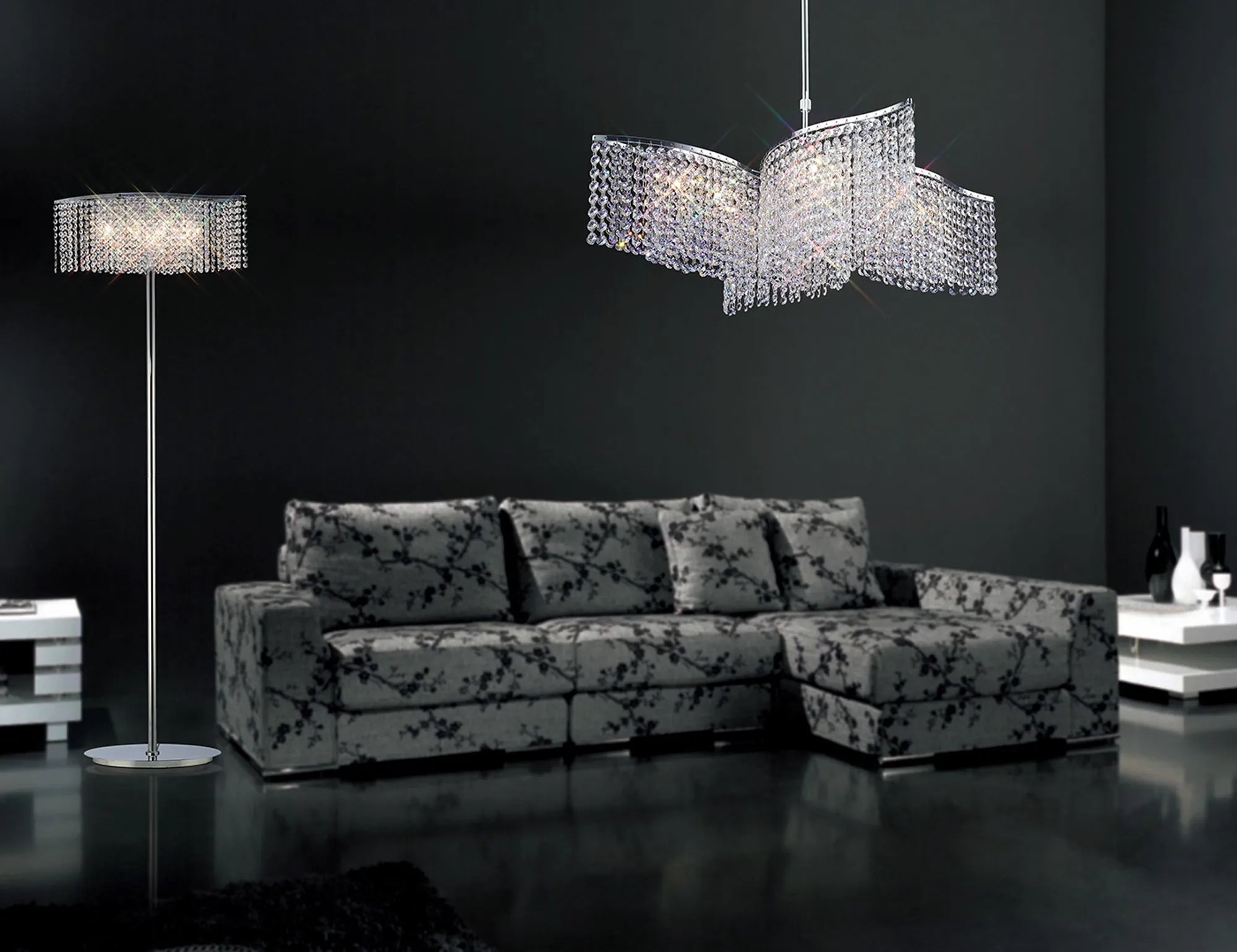 Diyas - Fabio Wave Multi Armed Crystal Floor Lamp with Droplets - Luminosity Designs Ltd