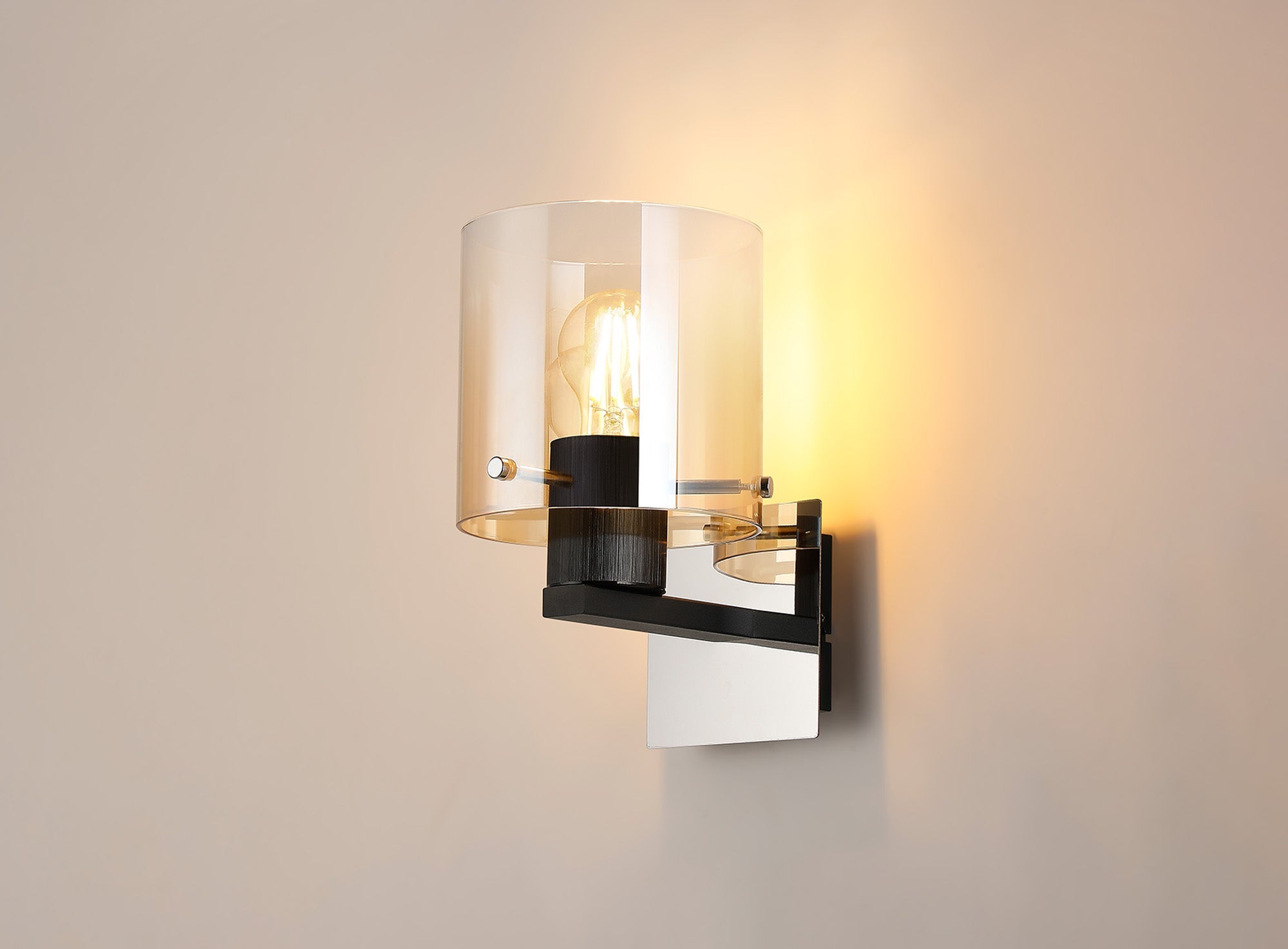 Luminosity Designs - Fae Black Framed Switched Wall Light With Tubular Glass. 1x E27 - Luminosity Designs Ltd