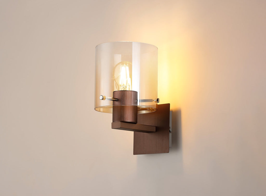 Luminosity Designs - Fae Mocha Framed Switched Wall Light With Tubular Glass. 1x E27 - Luminosity Designs Ltd