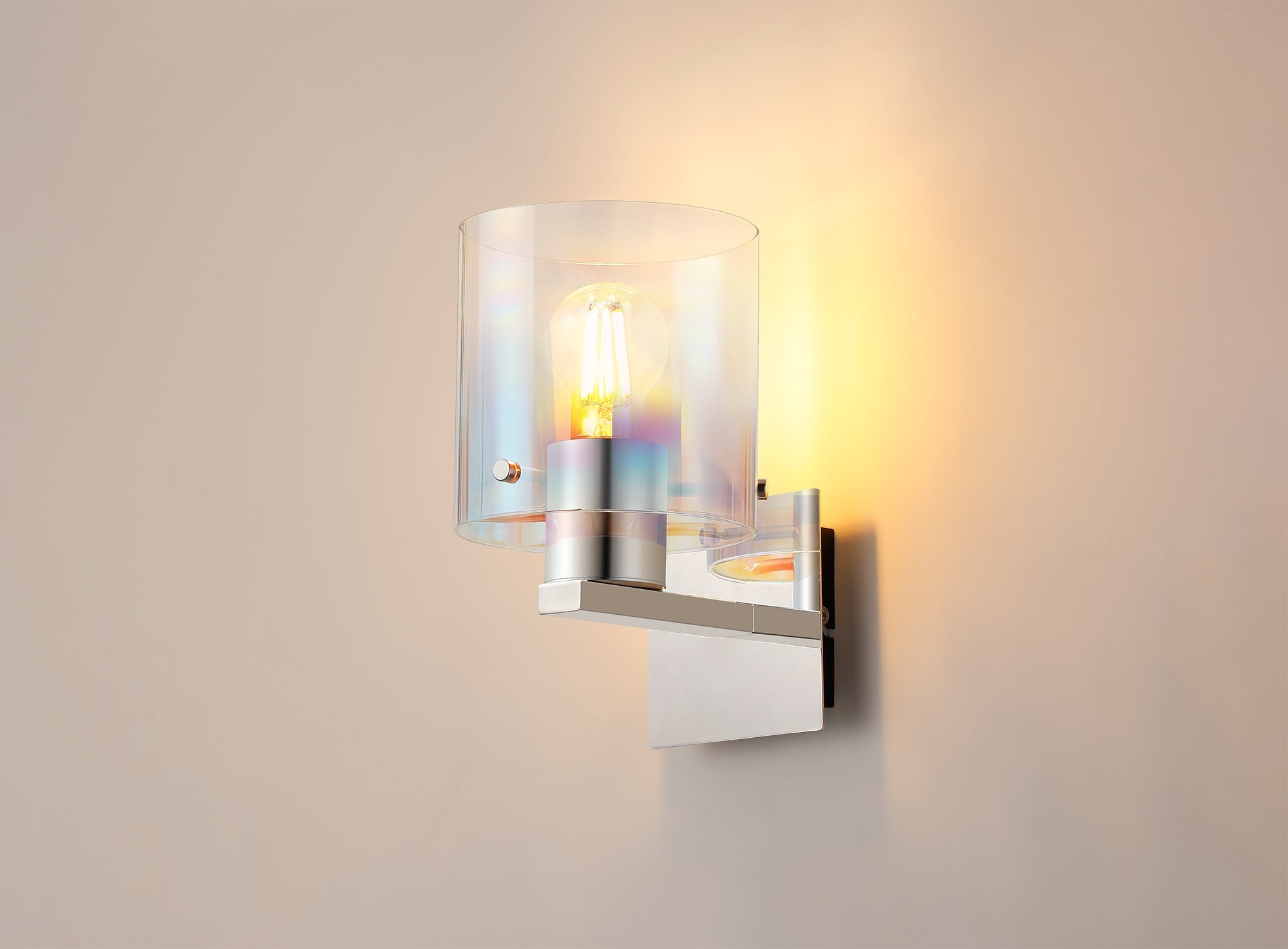 Luminosity Designs - Fae Polished Nickel Framed Switched Wall Light With Tubular Glass. 1x E27 - Luminosity Designs Ltd