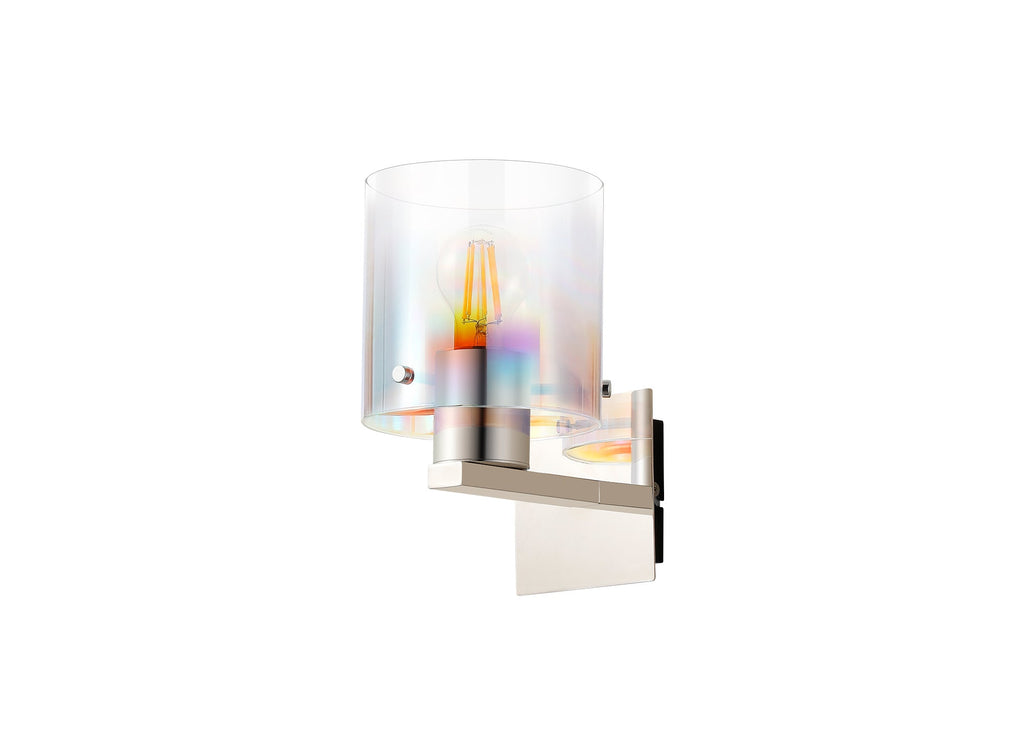 Luminosity Designs - Fae Polished Nickel Framed Switched Wall Light With Tubular Glass. 1x E27 - Luminosity Designs Ltd