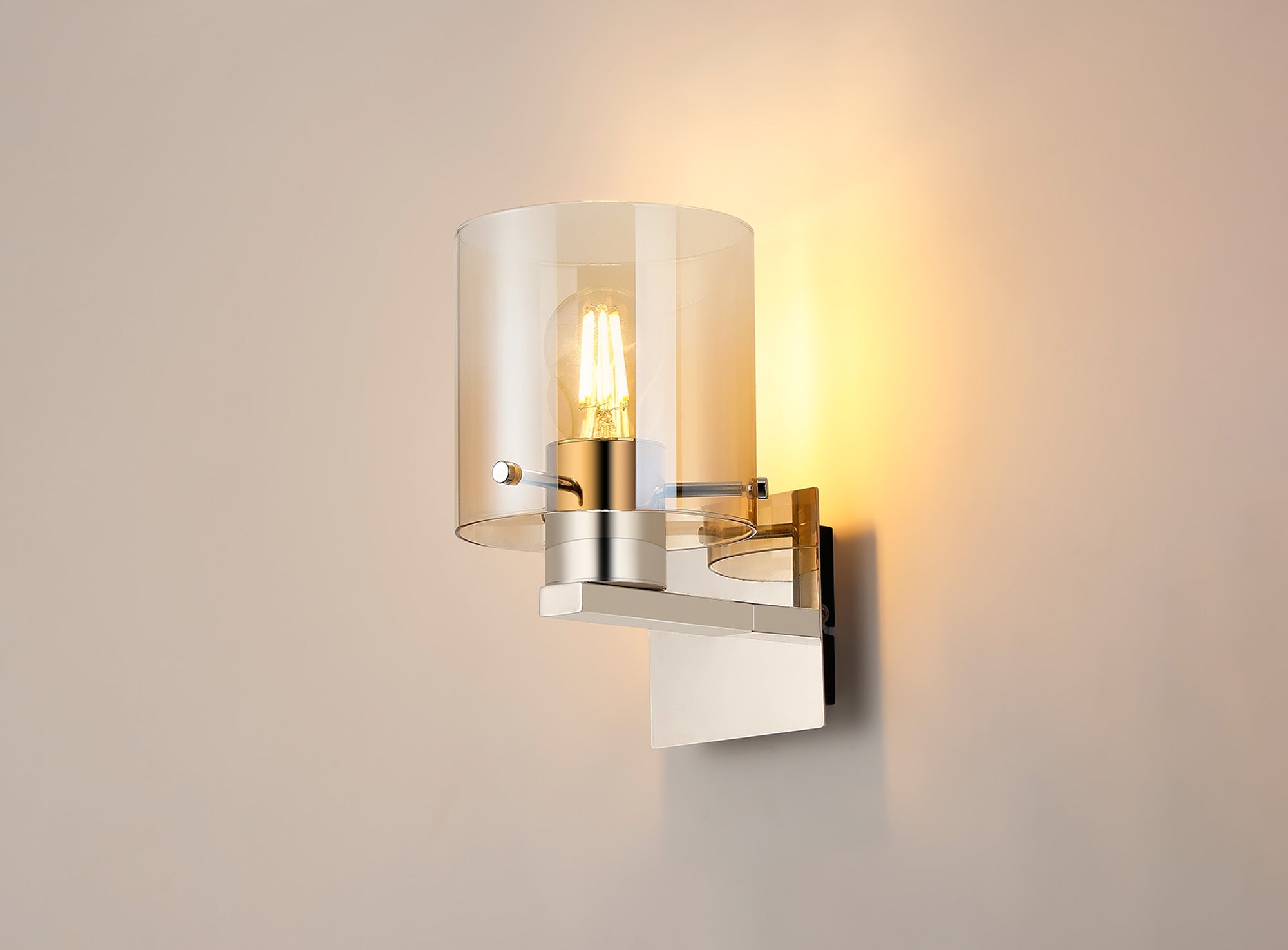 Luminosity Designs - Fae Polished Nickel Framed Switched Wall Light With Tubular Glass. 1x E27 - Luminosity Designs Ltd