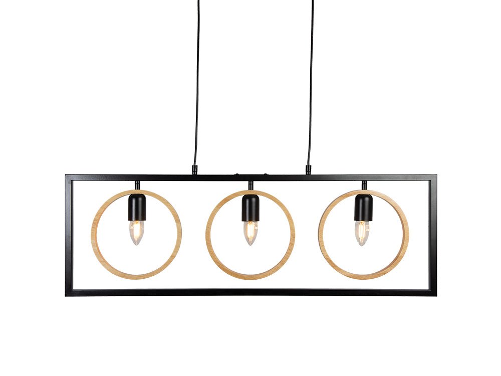 Oaks Lighting - Finley Geometric 3 Light Pendant Bar With Black Framework and Wooden Detailing, 3x E27 - Luminosity Designs Ltd