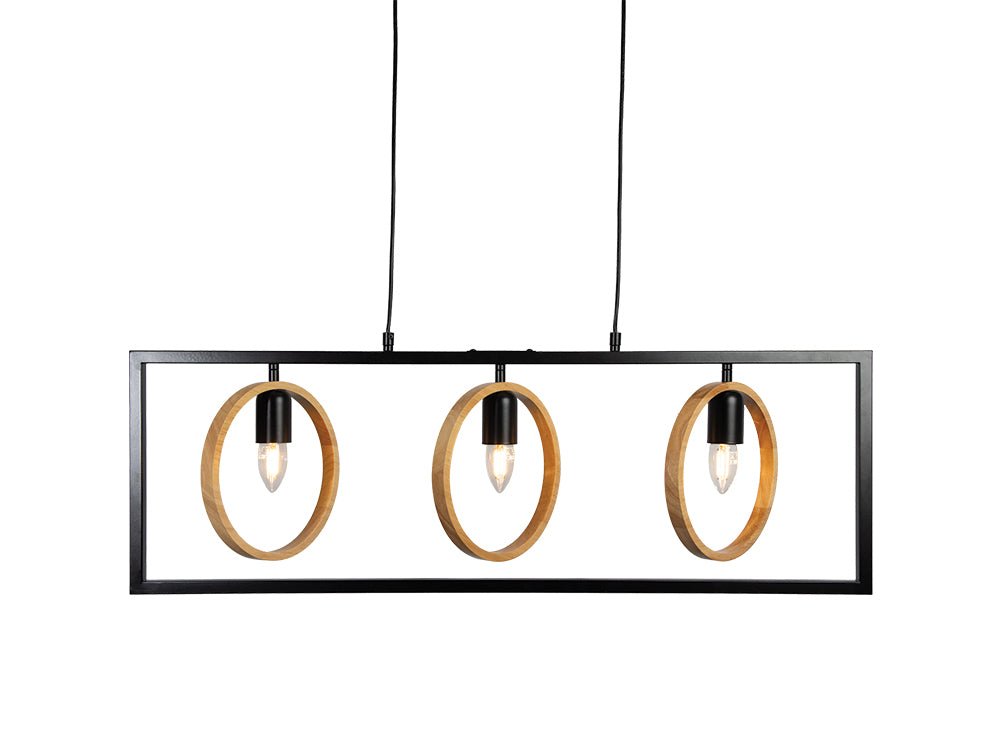 Oaks Lighting - Finley Geometric 3 Light Pendant Bar With Black Framework and Wooden Detailing, 3x E27 - Luminosity Designs Ltd