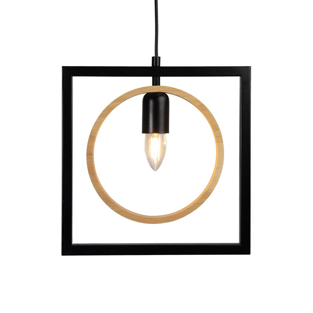 Oaks Lighting - Finley Geometric Single Pendant With Black Framework and Wooden Detailing, 1x E27 - Luminosity Designs Ltd
