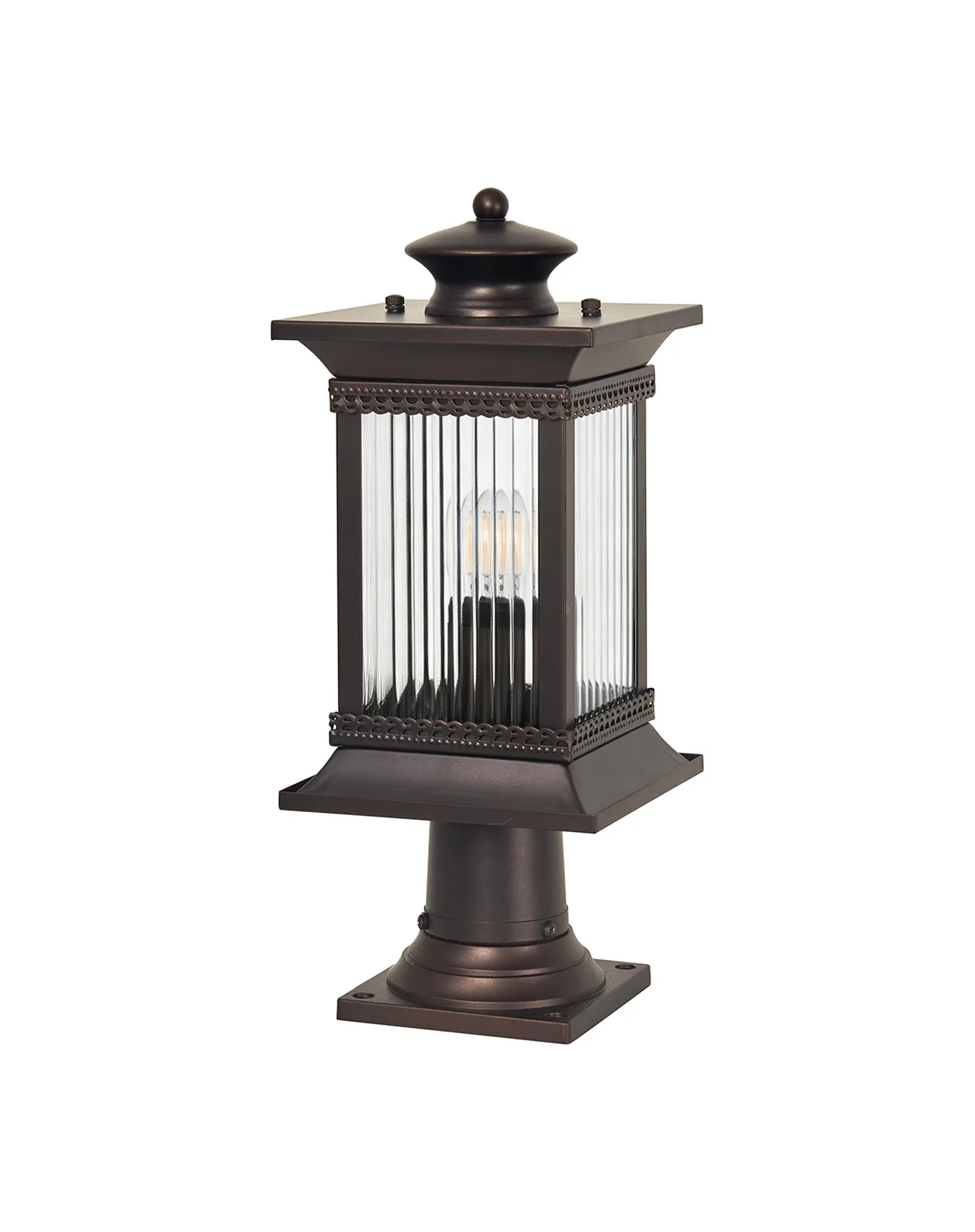 Fuller Traditional Pedestal / Post Lamp, 1 x E27, IP54, Oil Rubbed Brass (Bronze) /Lined Glass
